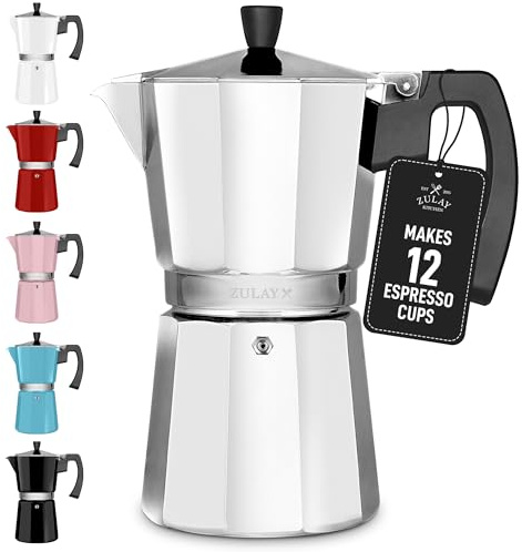 Zulay Moka Pot Espresso Stovetop Coffee Maker - Leak-Proof, Stainless Steel, Easy to Clean, Heat Resistant Handle & Knob -for Authentic Cuban & Italian Style Espresso - Makes 12 Espresso Cups - Silver