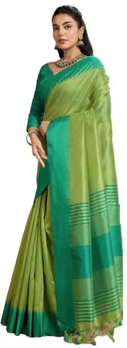 Laavaan Sari de seda de algodón para mujer con blusa sin costuras, verde, Talla única