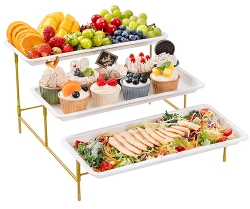 Bandeja de Servicio de plástico de 3 Niveles Lifewit para Fiestas, Platos de exhibición de Alimentos de 36×17cm, bandejas Reutilizables con Soporte de Metal Plegable y Estable para Alimentos, Dorado.