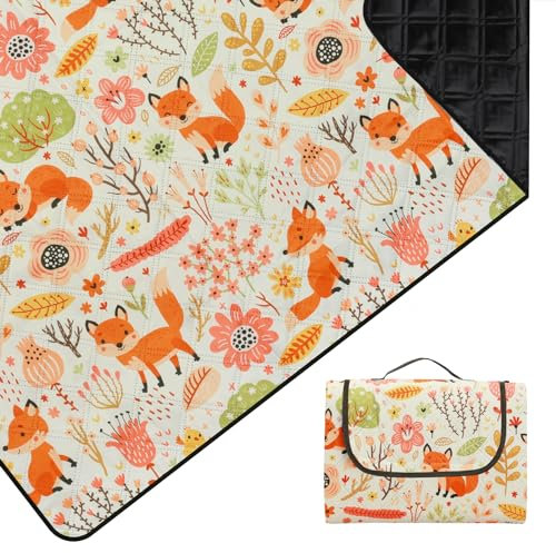 Outplea Animal Manta Picnic Impermeable 200 x 200 CM, Manta de Playa Portátil Lavable a Máquina, Alfombras de Picnic Ligero para Parque Jardín Barbacoa, Zorros