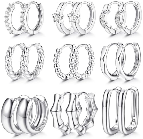 MILACOLATO 9 Pares Pendientes Plateado Mujer, Pendientes de Aro Chapados en Oro de 18K con Circonita Cúbica Pequeños Pendientes de Aro Huggie Set PlateadoGrueso Hipoalergénicos