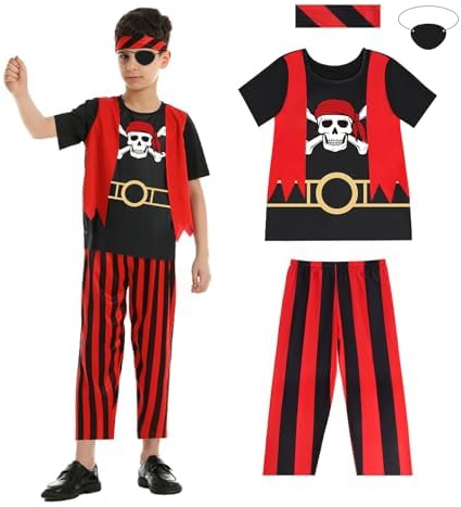 Aomig Pirate Costume Enfant Deguisement Pirate, Costume de Capitaine de Pirate, Déguisement de Pirate pour Garçon Fille, Costume de Jeu de Rôle Pirate avec Accessoires pour Halloween Carnaval Noël(M)