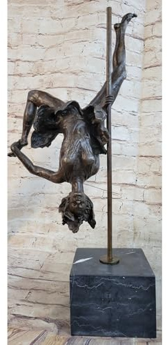 Girl Dancing On A Pole Acrobatic Figure Bronze Sculpture Statue Marble Base Brown Finish Handmade