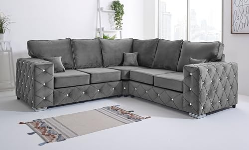 Sofahub Milton Steel Plush Velvet Sofa Set - 5 Seater Corner Sofa - Upholstered Plush Fabric Sofas For Living Room - Sofas & Couches With Diamond Detailing – Fullback (Steel, Corner Sofa)
