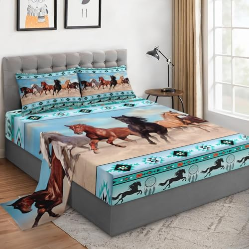 WeCozy Queen Size Bed Sheet Sets with Pillowcases, Horses Desert Animal 4 Pcs Soft Microfiber Bedding for Kids and Adults, Tribal Farm Sunset Run Flat, Fitted Sheet for Bedroom Bed Decor
