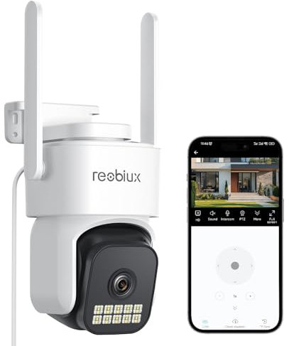 Reobiux 1080P Caméra Surveillance WiFi Extérieure, PTZ Caméra IP avec 2.4Ghz/5Ghz, Vision Nocturne Couleur, Enregistrement 24/7, Audio Bidirectionnel, Détection Humaine, Alarme et sirène, IP66