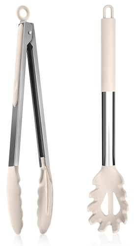 Homikit Cuillère à spaghetti en acier inoxydable et pince de cuisine, set de serveur à spaghettis en silicone antiadhésif résistant à la chaleur et pince de cuisine, fourchette à pâtes, pince à