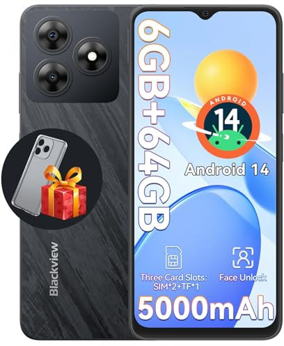 Blackview Wave 8C Mobile Phones for Sale, Android 14 Smartphone 2025, Octa-Core 6GB+64GB/SD 2TB, 5000mAh Smart Phone, 6.56 HD, 4G Dual SIM Free Unlocked Phones, 3 Card Slots, 2 Years Warranty, Black