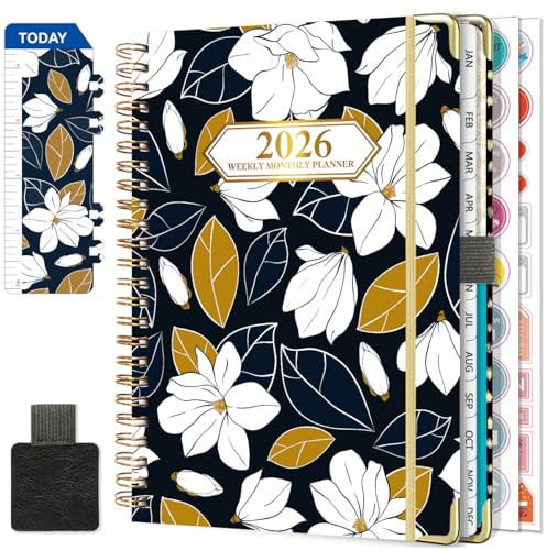 NEYSA Agenda 2026 Semainier Spirale de Janvier à Décembre 2026 (12 mois) A5 Agenda Scolaire Avec boucle de stylo,Règle Signet & Autocollants de plan (Noir)