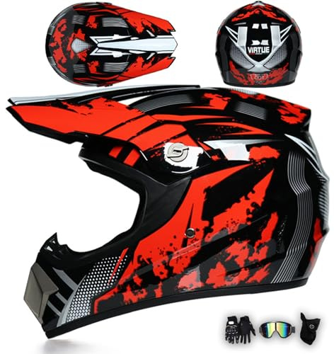 MODRYER Casco da Moto Bambini Adulto Caschi da Motocross Casco Integrale ECE Casco da Cross per Scooter MTB MX Enduro Quad ATV Downhill Offroad con Occhiali Guanti Mask,Red-S/52~53cm