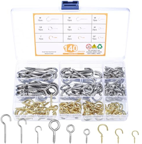 Juego de 140 ganchos de rosca, surtido de tornillos de gancho de acero inoxidable, ganchos de tornillo para atornillar, tornillos con rosca de madera, ojales para tazas, lámparas, decoración