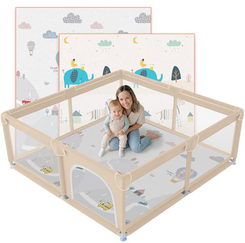 JUPPLIES Parque Infantil Bebe 120x120cm + Alfombra Bebe – Corralito Bebe con Malla Transpirable – Parque de Juegos Bebe con Puerta Lateral – Playpen Bebe (Beige)