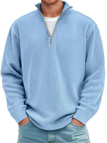 Vhersily Jersey de hombre con cremallera de un cuarto de algodón ligero, cuello alto de manga larga de punto con cremallera 1/4 suave cuello alto clásico suéteres de invierno Regular Fit Suéter Polo