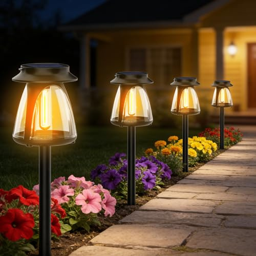 Luces Solares Exterior Suelo 2 Piezas, Luces Tradicionales de Tungsteno Blanco Cálido de 2700K, IP65 Impermeable Luz Solar Exterior Jardin para Patio, Calzada, Césped, Camino, Terraza