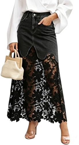Falda Vaquera Ajustada de retales de Encaje Calado a la Moda de Verano para Mujer: Falda Vaquera Larga de Estilo Bohemio con Estampado de Cintura Alta y Corte A
