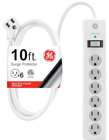 GE Surge Protector Power Strip, 10 Ft Extension Cord, 6 Outlet Extender, 800 Joules, Flat Plug, Twist-to-Close Safety Covers, ETL Listed, White, 14092