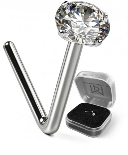 9k oro bianco del forcone 2,5 millimetri rotonda pietra CZ 22 Gauge L Bend naso Stud Piercing