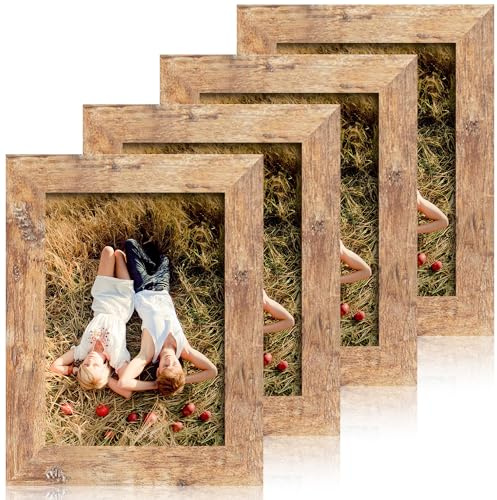 iRahmen 5x7 Picture Frame Set of 4, High Definition Real Glass Rustic Brown Frame, 5 x 7 Wood Photo Frames for Tabletop Display and Wall Mounting