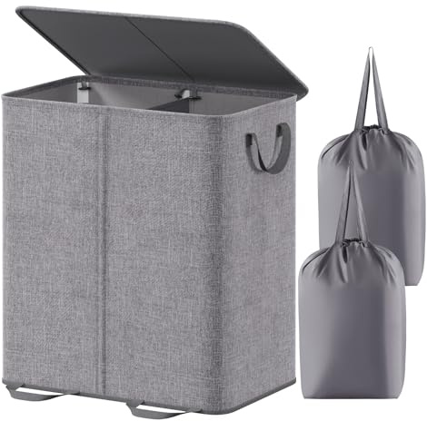 Lifewit Double Laundry Hamper with Lid, Removable Laundry Bags, Gray