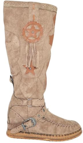 Stivali Donna Indianini Tortora al Ginocchio con Frange Zeppa Interna 5 cm e Stemma Scamosciati Alti Moda (37 EU)