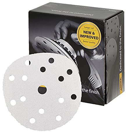Mirka Basecut White Hook and Loop Hook It 150mm 6 Inch Sanding Discs - Box 100 Abrasive P320 Grit Automotive Refinishing Sandpaper Sanding Discs 15 Hole Vacuum Dust Extraction System