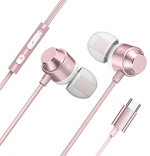 LA TALUS Auriculares intraurales con cable tipo C con micrófono integrado y control de volumen, auriculares estéreo universales con cable, auriculares intraurales, auriculares de bajo, color oro rosa