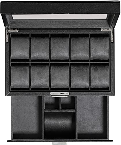 ROTHWELL Leder-Uhrenbox mit 10 Fächern, Luxus-Uhrenetui, Display-Organizer, abschließbarer Schmuck-Uhrenhalter mit Glasdeckel (Schwarz/Grau)