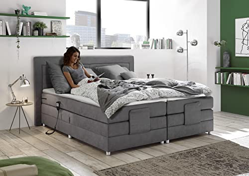 MöbisandMore Designer Boxspringbett 180/200 | Boxspringbett 180x200 mit Motor | H2-H4 bis 130KG | Komfort Matratzen und Premium Topper (Hellgrau, 180 x 200 cm)