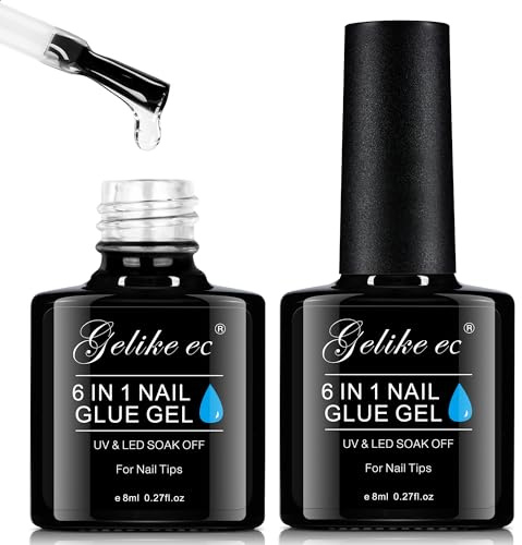 Gelike EC 6 in 1 Nail Glue Gel: 2 Pcs Gel Nail Polish for Press on Nails - Nail Glue Strong Easy and Long Last for False Acrylic Tip - Base Coat for Salon Home Polish