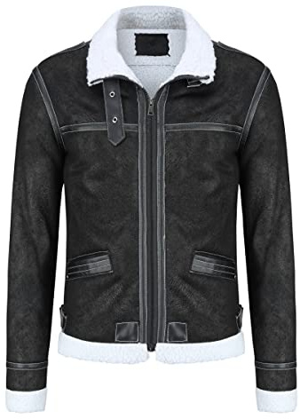 AOWOFS Mens Zipped PU Leather Jacket Winter Thicken Warm Motorbike Jacket Slim Fit Vintage Black M