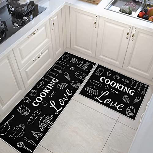 Black Kitchen Rugs and Mats Sets of 2 Pieces Funny Kitchen Decoration Non Slip Super Absorbent Kitchen Mat Runner Rug for Sink,Hallway,Laundry Room (Dessert, 40x120cm+40x60cm)