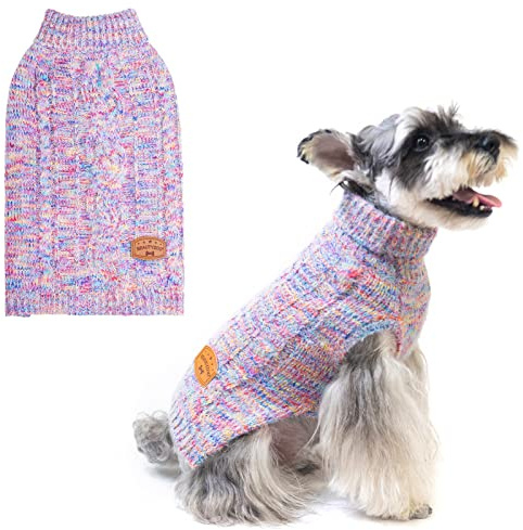 BEAUTYZOO Small Dog Sweater -Turtleneck Pullover Classic Cable Knit Fuzzy Winter Coat Dog Cold Weather Clothes for Small Medium Dogs Puppy Girl Boys(Rainbow Pink, M)