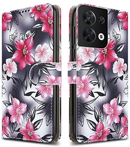 PIXFAB For Oppo Reno 8 5G Leather Phone Case, Magnetic Closure Full Protection Book Folio Design, Wallet Case Cover [Card Slots] and [Kickstand] For Oppo Reno 8 5G - Flower