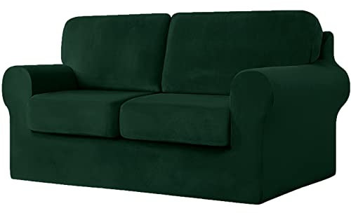 UNBBRRL 5-Piece Stretch Velvet Loveseat Cover, Sofa Slipcovers, 2 Seater Couch Slipcover With Separate Backrests And Cushions Covers With Elastic Band Anti-Slip Furniture Protector (Dark green)