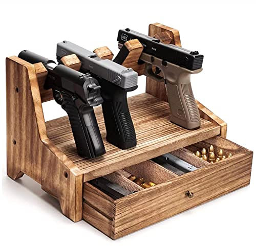 MOREIH Pistol Rack Solid Wood Handgun Holder Storage Rack Gun Safe Cabinet Storage Organizer Accessories, 4 Pistol Holder Drawer Type With Non Slip Carpeted Surface (M)