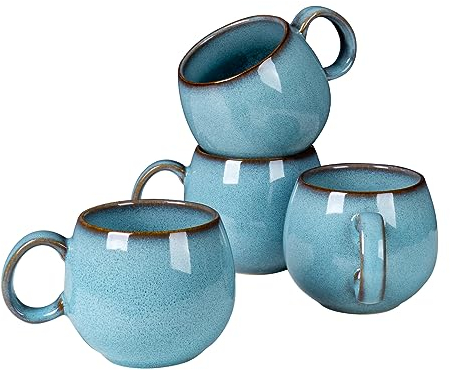 HENXFEN LEAD Juego de tazas de café, tazas de café de porcelana de 600 ml con asa, juego de 4 tazas de porcelana para té café con leche cappuccino, azul cielo