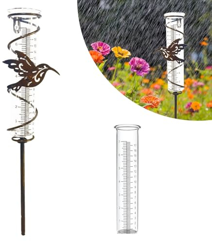 HOMURY Garten Regenmesser Glas Niederschlagsmesser Regenmesswerkzeuge Regenmesser Litermesser Regenmesser Metall Vogel Pflanzenstecker mit Klarer Skala Regenmengenmesser für Garten, Rasen, Terrasse