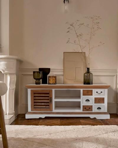 UNIQKA Inda - Meuble TV en Bois Massif de Sungkai Blanc et Naturel 140 cm