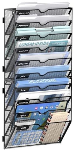 JMHUD 10 Tier Wall File Organizer Office Hanging Mail Holder Wall Mounted, Mesh Paper Document Organizer for Office Home School, Black