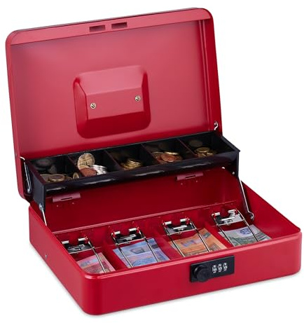 Relaxdays Caja Dinero, Combinación 3 Números, Bandeja para Monedas y 4 Espacios para Billetes, Cajita Efectivo, Rojo