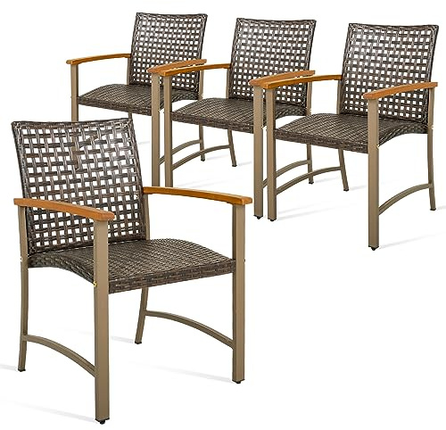 COSTWAY Lot de 4 Chaises de Jardin Empliables en Rotin, Fauteuil d'Extérieur avec Accoudoirs en Bois d'Acacia et Structure Métallique Robuste, pour Balcon, Cour, Bord de Piscine, Charge 180 KG