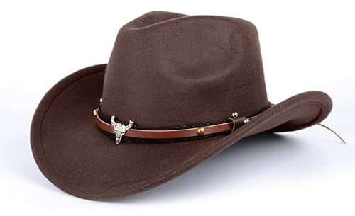 Aegistus Sombrero de vaquero occidental unisex, de fieltro de piel sintética, sombreros de vaquera para exteriores, sombrero de rodeo de ala ancha con correa, color marrón, marrón, Talla única