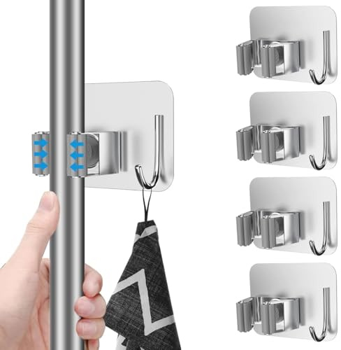 Broom Holder Wall Mounted, 4-Pack – Stainless Steel Mop and Broom Organizer for Bathroom, Kitchen, Garage, and Garden – Heavy-Duty Wall Storage Solution by Zuvo