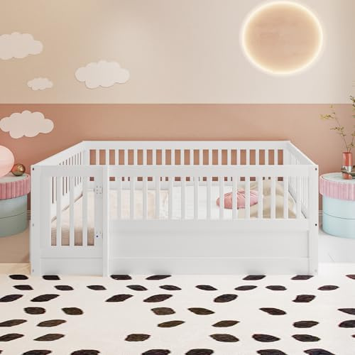 Cama infantil de madera con rejilla de seguridad, segura y duradera, modelo de suelo, estructura de madera con rejilla y puerta, 140 x 200 cm (blanco)