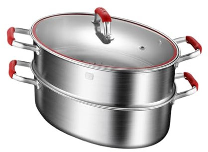 DimyFew SCARPAGGIO di PESCE in Acciaio Inossidabile Panna di Torrefazione Multiuse Utensili Da Cucina Pentola a Vapore, Piroscafo per Cereali Uova, Doppio strato rosso