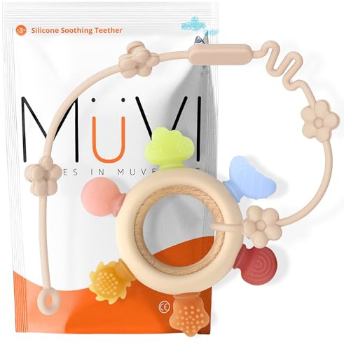 MÜVI - Mordedor bebé con correa, mordedor de dentición +3 meses, silicona alimentaria suave y sin BPA, fácil de agarrar y morder, alivio para encías y estimulación sensorial (Aro Fluor)