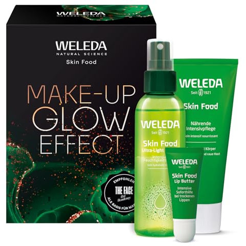 WELEDA Bio Geschenk Set Skin Food Make-Up Glow Effect - Naturkosmetik Geschenkbox mit SkinFood Hautpflege, 2in1 Dry Oil & Lip Butter Lippenbalsam - Unisex Gesichtspflege/Körperpflege Geschenkset