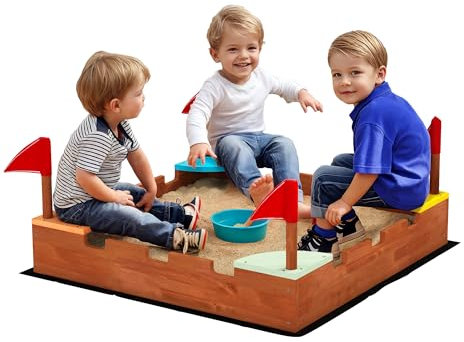 AIYAPLAY Bac à Sable en Bois, bac à Sable pour Enfants 3-7 Ans avec sièges, Drapeaux, bac à Sable thème de la muraille, 90 x 90 x 17 cm, Marron