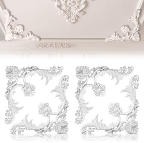 Colingmill 4 Pcs Ceiling Molding Kit Corners Murals Trim French Style Accent Wall Decor for Interior Medallion Ceiling with Flowers Pattern Decorative Panels for Wall (13.4 x 13.4 in,Classic)