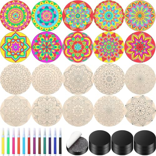 Cinnvoice 104 Pcs Wooden Mandala Magnet DIY Mandala Fridge Magnet Craft Painting Kit Included 40 Unfinish Wood Cutout 24 Colored Pen 40 Self Adhesive Magnets for Refrigerator Decor(Classic)